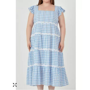 English Factory Plus Size 3X Daisy Floral Lace Gingham Midi Dress Cottagecore